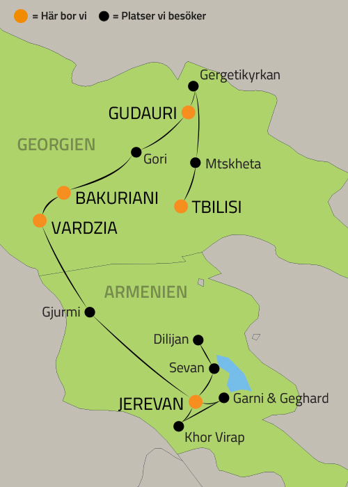 Geografisk karta ver Georgien och Armenien.